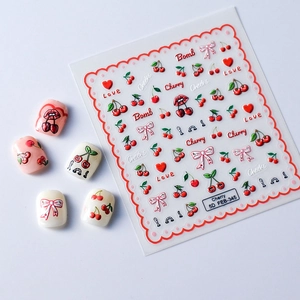 5D embossed cherry nail art stickers with red bowknot and heart 3D relief texture
