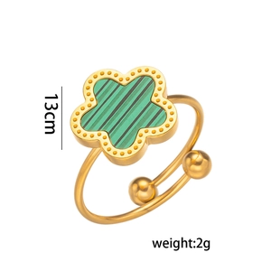 Golden five-leaf flower open ring with green stripe inlay and beaded edges, 2g lightweight