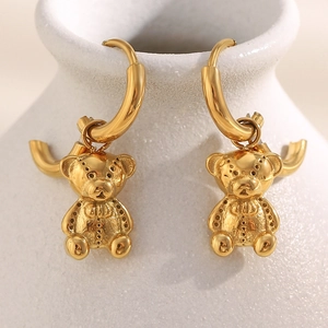 Fashionable 18K gold plated stainless steel teddy bear hoop earrings for women