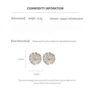 Detailed spec sheet showing pearl flower earrings dimensions of 3.1cm and weight information