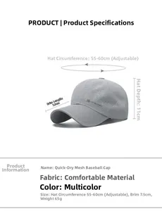 Detailed size chart for the breathable quick-dry mesh baseball cap with dimensions