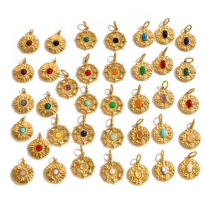 Classic bohemian style gold stainless steel round pendants with natural stone inlay