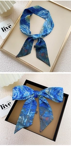Detail of Starry Night print long silk scarf knot in a gift box and frame