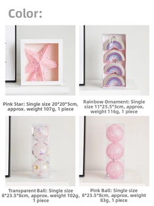 Detailed size and weight specs for pink star, rainbow and glitter Christmas ornaments