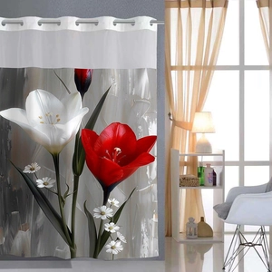 Close-up of metal grommet top and vivid red tulip floral print on shower curtain