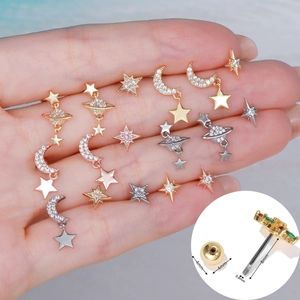 Star Moon Planet Cartilage Earring Studs Brass Cubic Zirconia Stainless Steel Earring Post Screw Back Piercing Jewelry