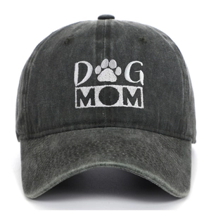 Detail view of Dog Mom embroidery and paw print on washed cotton baseball cap