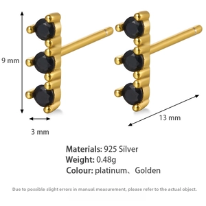 Detailed size specifications of 925 silver stud earrings with black zircons and gold plating