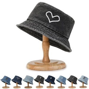 Bucket Hat Washed Cotton Denim Heart Letter Embroidery Casual Outdoor Sun Hat For Women