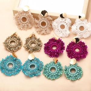 Handmade Woven Round Bead Hoop Earrings Bohemian Exaggerated Alloy Disc Stud Ethnic Jewelry For Women