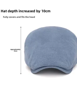 Detail showing the 10cm depth and knitted texture of the light blue corduroy beret hat
