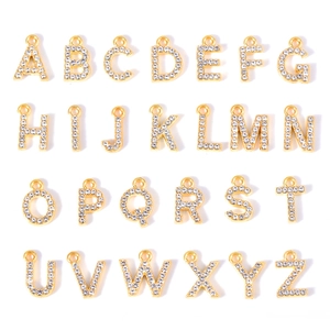 Full set of 26 gold alloy English letter charms with rhinestones for DIY jewelry making
