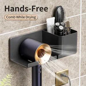 Wall-mounted matte grey hair dryer holder and bathroom storage rack with airflow visual