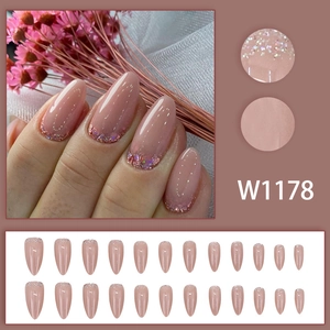 Pink almond press-on nails with glitter gradient and 24pcs full set display