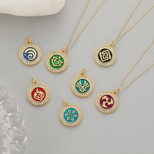 Minimalist gold necklace set featuring tribal totem pendants with colorful enamel