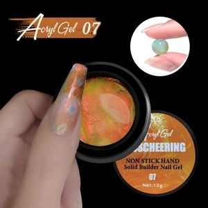 Macro detail of aurora solid builder nail gel in shade 07 with iridescent glitter flakes
