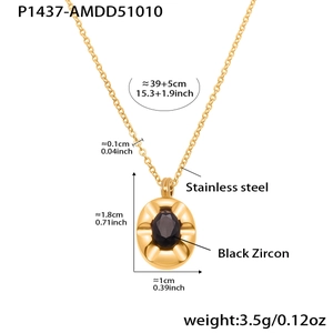 Detail of oval stainless steel necklace with black zircon pendant showing dimensions