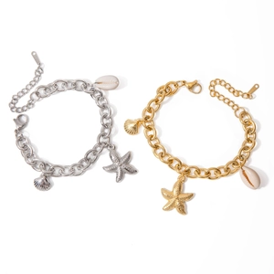 Chunky stainless steel starfish and seashell charm bracelets in gold and silver finish