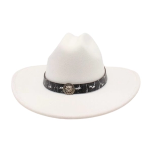 White wide brim felt fedora hat featuring a decorative band with a silver lion head buckle