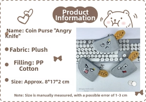 Detail showing plush clever knife coin purse specs, 8x17x2cm size with PP cotton filling