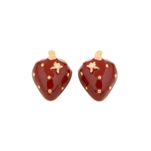 Elegant 18K gold-plated strawberry stud earrings with red enamel and sparkling zircons