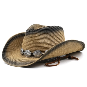 Brauner Western Cowboy Strohhut mit Farbverlaufskrempe und Vintage Silber Metall Verzierung