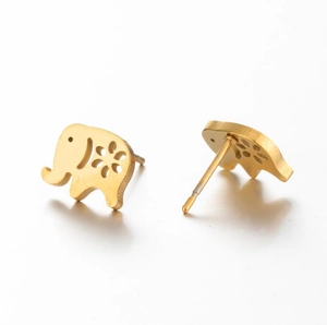 Golden stainless steel elephant stud earrings with hollow flower pattern and brushed finish