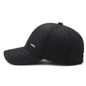 Men's black plaid baseball cap with textured pattern and silver metal side detail