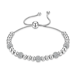 Bracelet en billes d'argent avec boules serties de cristaux et chaîne coulissante ajustable