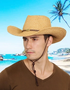 Détail d'un chapeau de cowboy en paille avec bande tressée brune et mentonnière réglable
