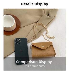 Mini stone pattern crossbody bag detail showing size comparison with a smartphone