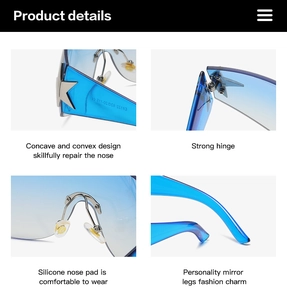 Macro details of Y2K rimless sunglasses with blue gradient lens and silver star accents