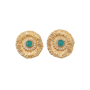 Vintage style round gold stud earrings featuring a green center stone and white zircon accents