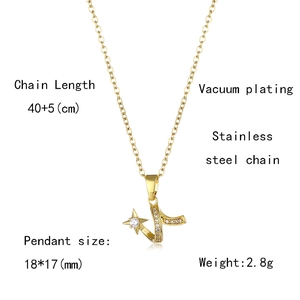 Detail of gold star and R-letter pendant with cubic zirconia and chain specifications