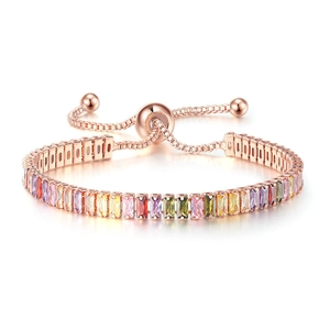 Rainbow cubic zirconia tennis bracelet in rose gold finish with adjustable sliding clasp