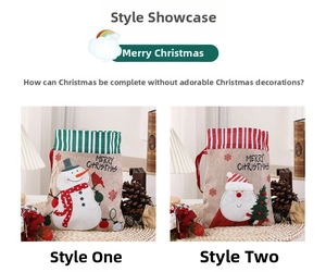 Close-up of rustic linen Christmas drawstring bags with Santa and snowman embroidery