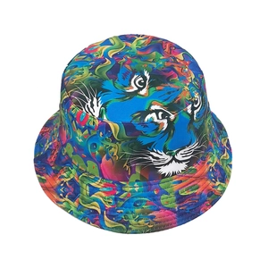 Bucket hat with psychedelic tiger eye print and vibrant fluid patterns for sun protection