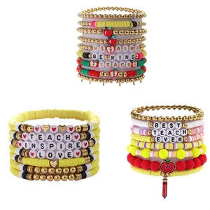 Handmade teacher appreciation bracelet set with apple charms and heart heishi beads