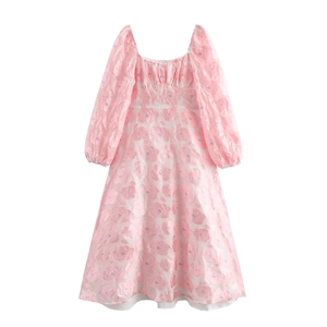 Pink Maxi Dress Square Neck Long Puff Sleeve 3D Floral Jacquard Elegant High Waist A-Line Sweet Vintage Style
