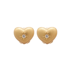 Golden heart earrings with brushed finish and starburst zircon setting for daily wear