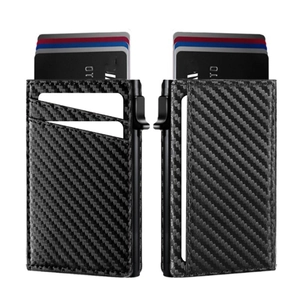 Dual-view close-up of carbon fiber metal cardholder with automatic pop-up mechanism