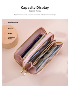 Internal view of pink double zipper long wallet showing card slots and phone compartment
