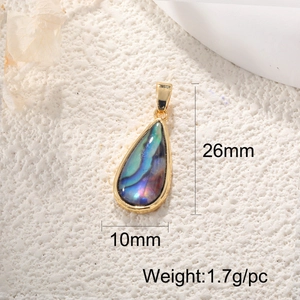Teardrop abalone shell pendant detail with 26mm height and 10mm width measurements