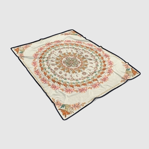 Detail of flannel blanket showing moon phases, mushrooms, and floral mandala patterns