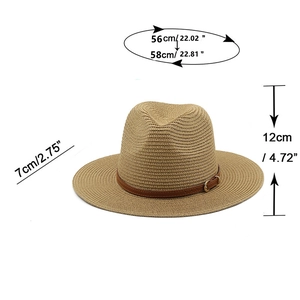 Straw fedora hat with brown leather belt and buckle decoration with size dimensions