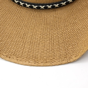 Close-up of fine woven straw hat texture with black leather band and white cross-stitching