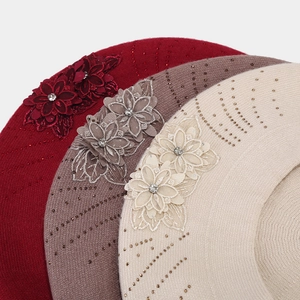 Women's vintage knit beret with 3D lace flowers and rhinestones in multiple colors