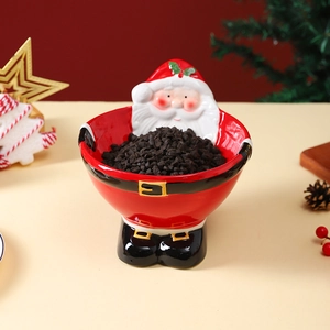 Santa Claus ceramic elevated pet bowl for cats and dogs with festive holiday decorations