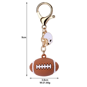 Detailed size view of American football keychain with helmet charm and gold metal hook