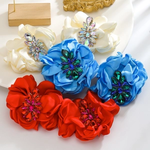 Elegant 3D camellia fabric drop earrings with sparkling rhinestone crystals in three colors